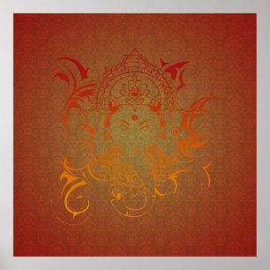 Lord Ganesha God India Hindu red orange yellow Poster