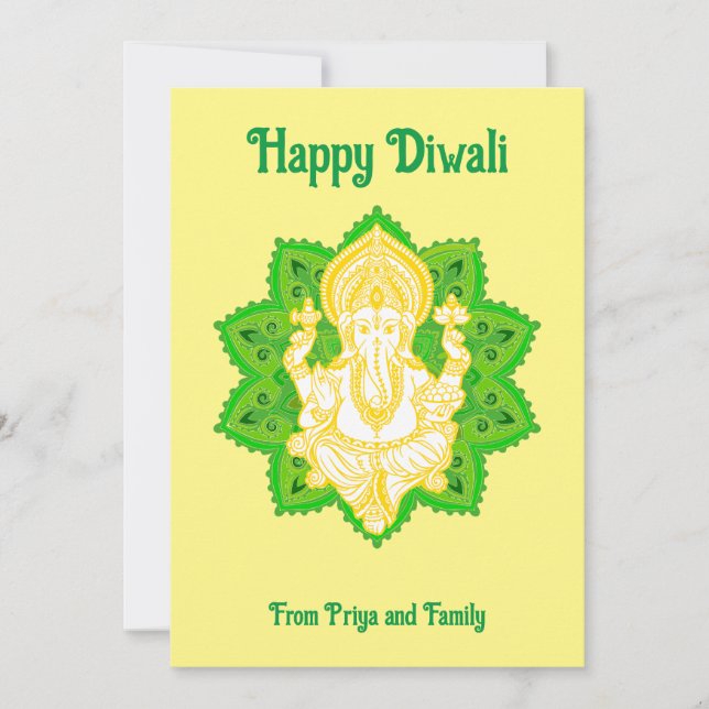 Lord Ganpati Happy Diwali Yellow Holiday Card (Front)