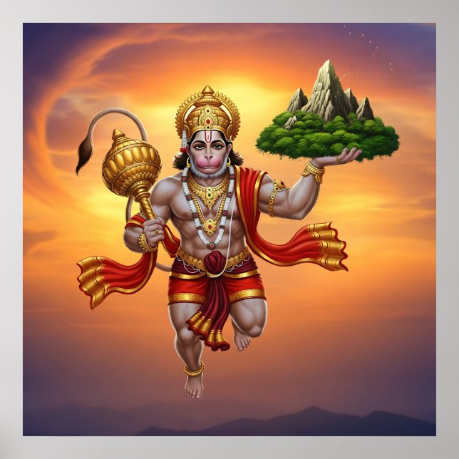 Lord Hanuman Flying Lifting Mountain Poster (Front)
