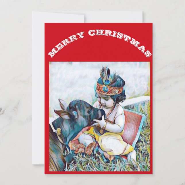 Lord Krishna & Cow wishing Merry Christmas Holiday Card (Front)