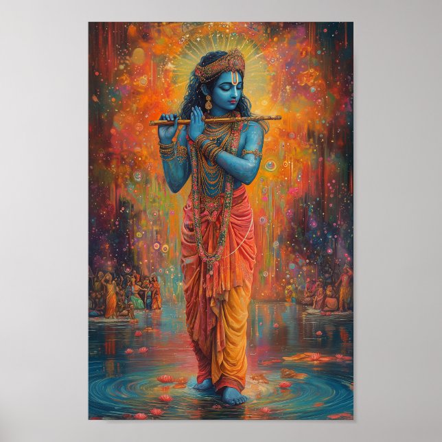 Lord Krishna playing the Flute Orange Blue Art  Poster (Front)