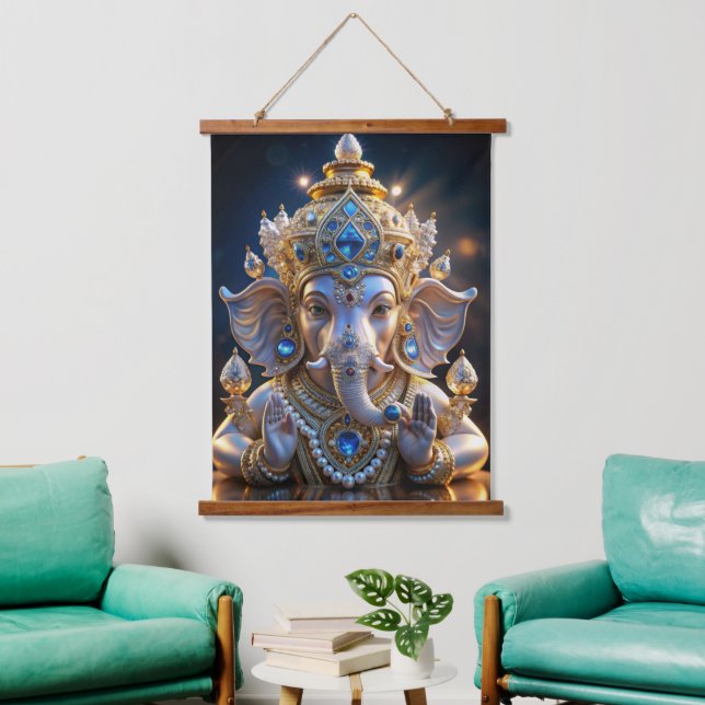 Lord Shree Ganesha Crystal & Diamond Sculpture Ha Hanging Tapestry (Living Room)