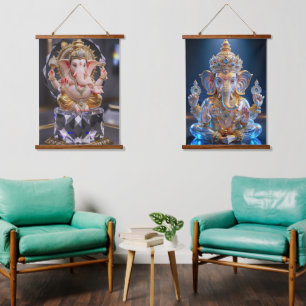 Lord Shree Ganesha Crystal & Diamond Sculpture Hanging Tapestry