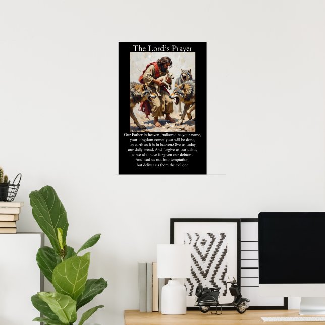 Lord's Prayer Good Shepherd Protecting Lamb Wolves Poster (Home Office)