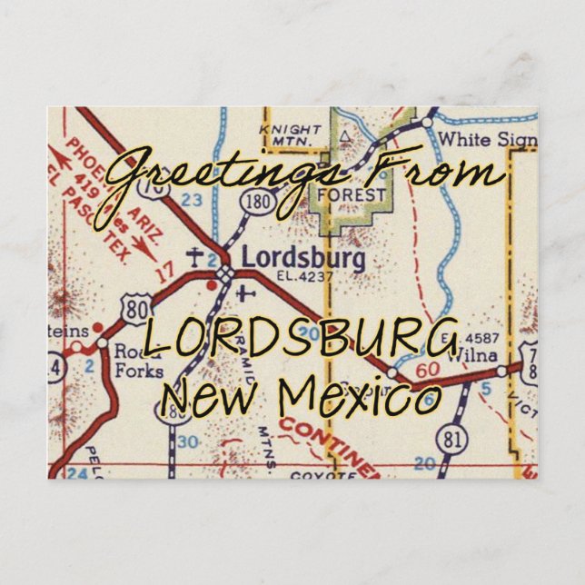 Lordsburg NM Vintage Map Postcard (Front)