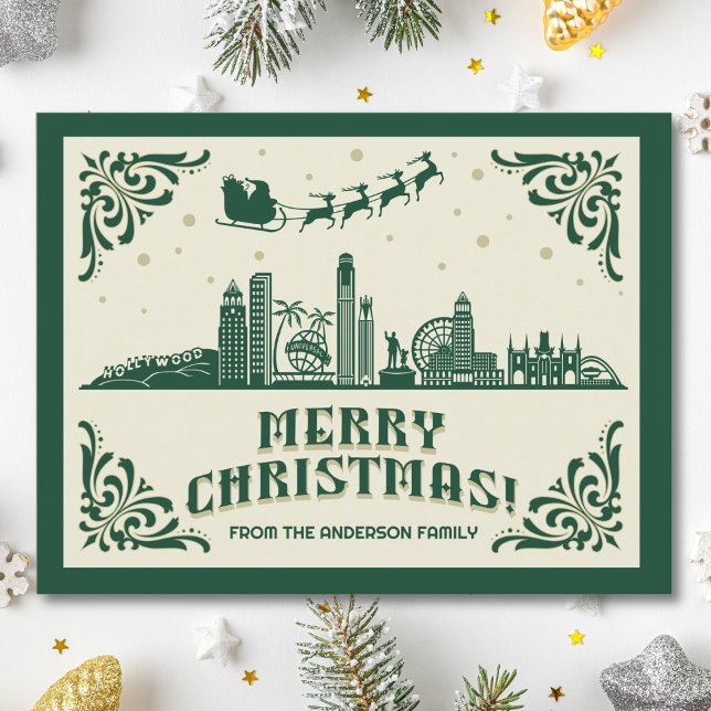 Los Angeles, CA Skyline Christmas Holiday Postcard (Los Angeles, CA skyline christmas card green modern merry christmas postcard with custom details)