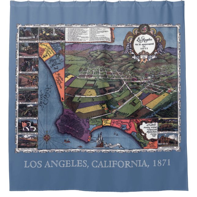 Los Angeles, California, Antique Aerial City Map Shower Curtain (Front)