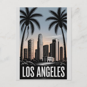 Los Angeles California Black White Woodcut Postcard