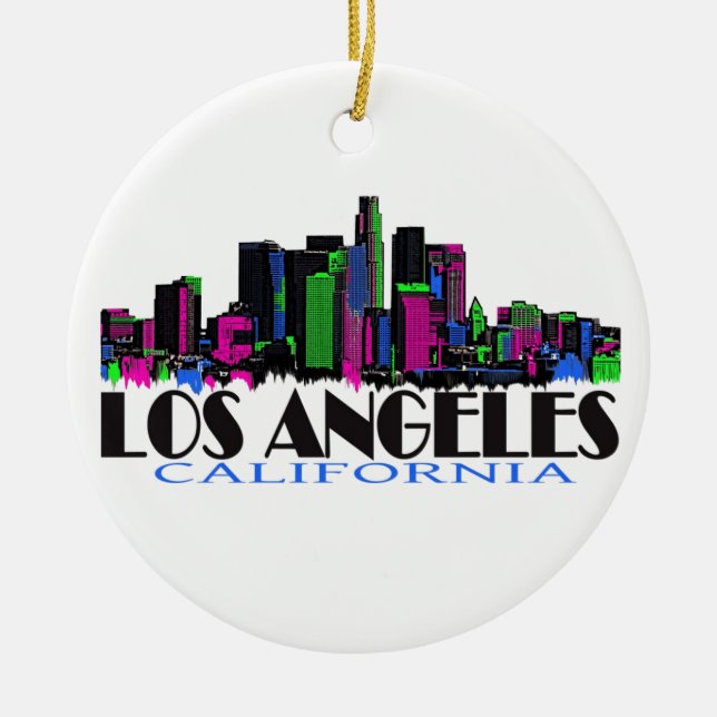 Los Angeles California neon skyline Ceramic Tree Decoration (Front)