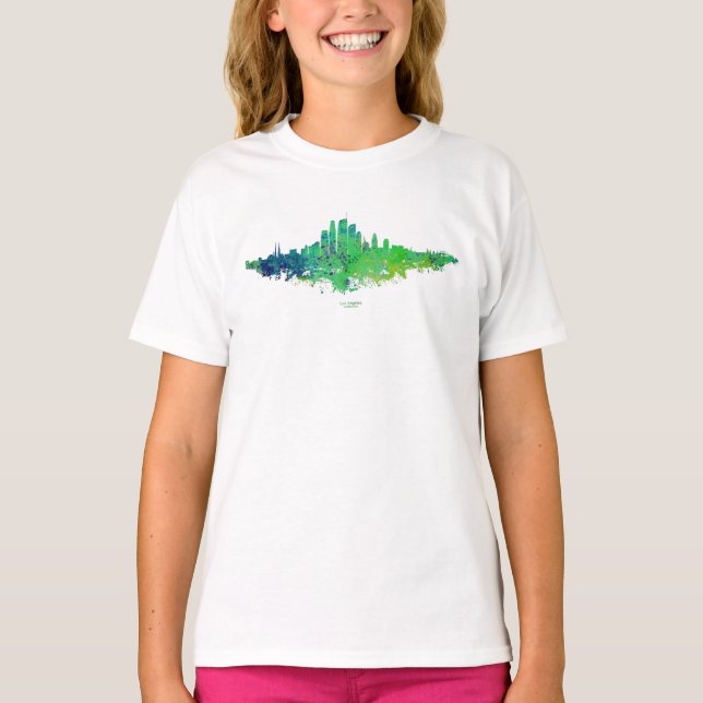 Los Angeles City Skyline - Lime Green Blue T-Shirt (Front)
