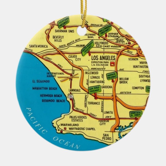 Los Angeles Colourful Map Ceramic Tree Decoration (Front)