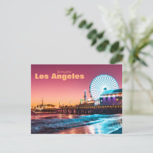 Los Angeles Pink & Blue Sunset Santa Monica Pier Postcard