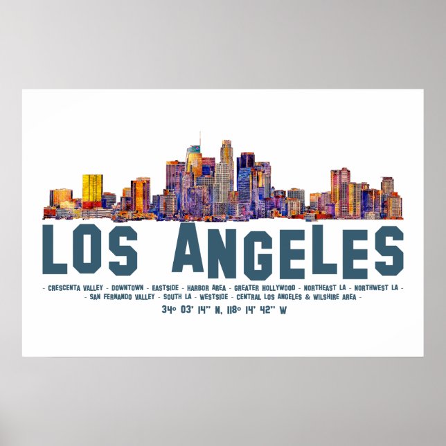 Los Angeles Skyline. Area Names and Coordinates Poster (Front)