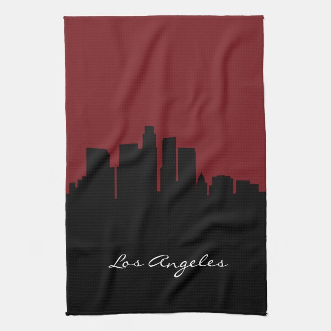 Los Angeles Skyline | Dark Red Tea Towel (Vertical)