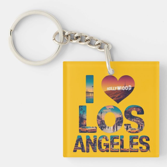 Los Angeles Skyline Sunset & Hollywood Typography  Key Ring (Front)