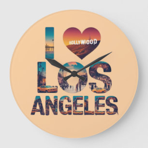 Los Angeles Skyline Sunset & Hollywood Typography Large Clock