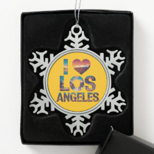 Los Angeles Skyline Sunset & Hollywood Typography Snowflake Pewter Christmas Ornament
