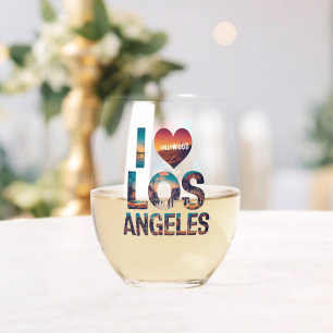 Los Angeles Skyline Sunset & Hollywood Typography Stemless Wine Glass