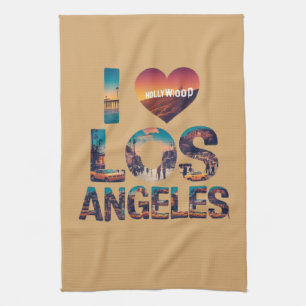 Los Angeles Skyline Sunset & Hollywood Typography  Tea Towel
