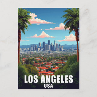 Los Angeles USA Skyline Palm Trees Travel Postcard