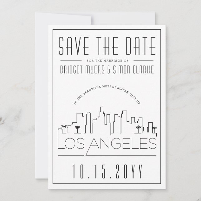 Los Angeles Wedding Stylised Skyline Save the Date Invitation (Front)