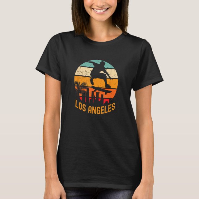 Los Angeles with skateboarder flying above with re T-Shirt (Front)