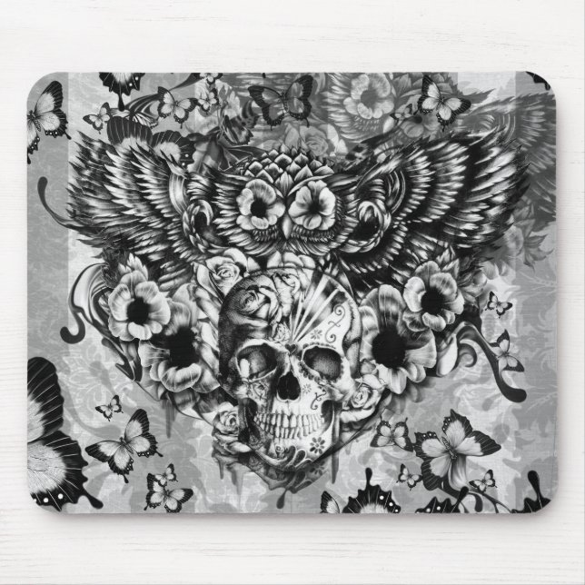 Lost and found, floral owl with sugar skull mouse pad (Front)