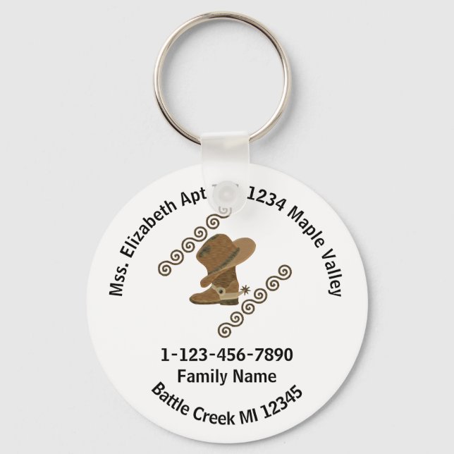 Lost Cowboy Boot and Hat Family Home Address Key Ring (Front)