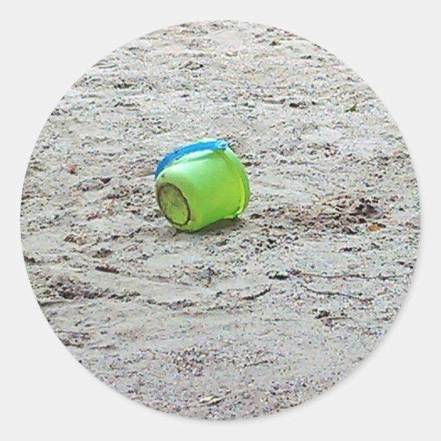 Lost Green Bucket in Sand on Summer Beach Classic Round Sticker (Front)