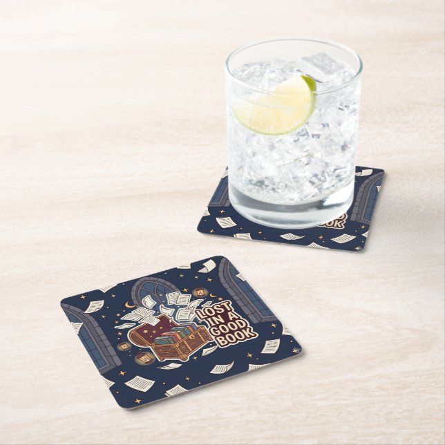 Lost In A Good Book Square Paper Coaster (Insitu)