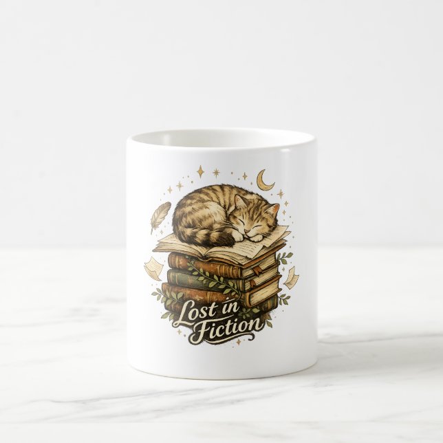 Lost in Fiction Reading Cat Book Lover Coffee Mug (Center)