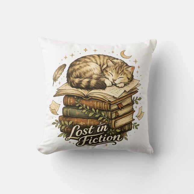 Lost in Fiction Reading Cat Book Lover Cushion (Front)