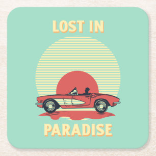 Lost in Paradise – Retro Convertible Sunset Summer Square Paper Coaster