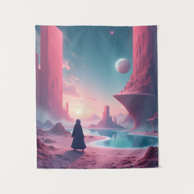 Lost in the Cosmos — Pink Planet Dreamscape Tapestry (Front)