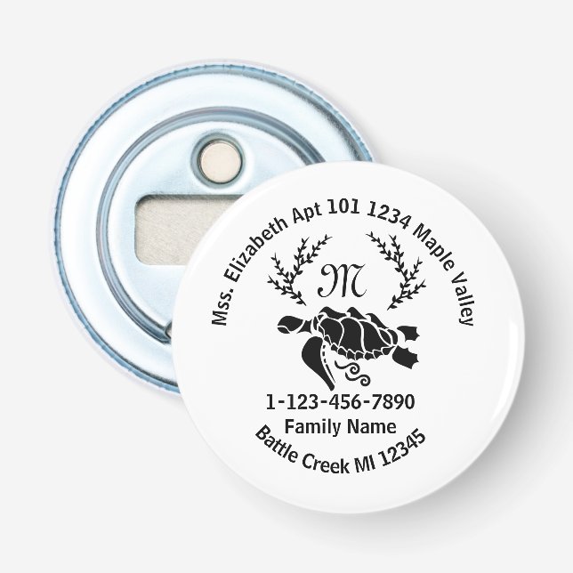 Lost Sea Turtle Monogram Family Home Address Bottle Opener (Front)
