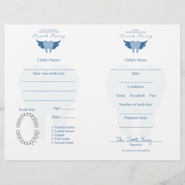 Lost Tooth Keepsake Note & Receipt for Kids Blue (Front)