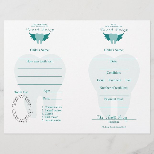 Lost Tooth Keepsake Note & Receipt for Kids Teal (Front)