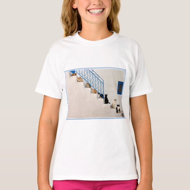 Lot of cats on a white stairway in a Greek village T-Shirt (Front)