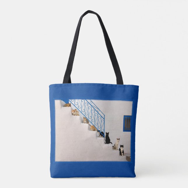 Lot of cats on a white stairway in a Greek village Tote Bag (Back)