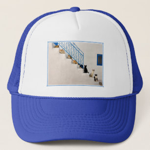 Lot of cats on a white stairway in a Greek village Trucker Hat