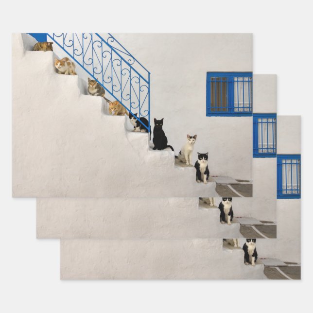 Lot of cats on a white stairway in a Greek village Wrapping Paper Sheet (Set)