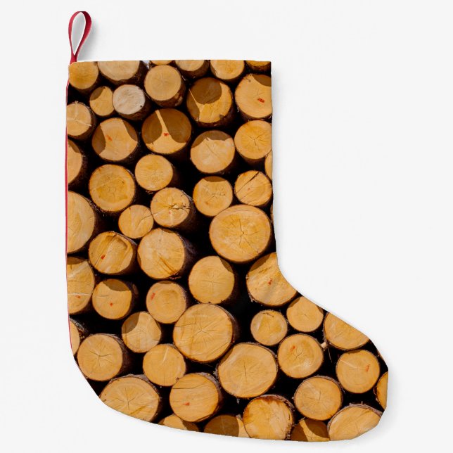 Lot of many Wood Trunk oak Trees round teak log cu Small Christmas Stocking (Front)