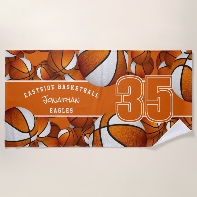 Lots of basketballs athlete team name orange white beach towel (Front)