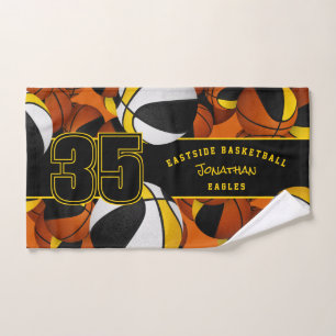 Lots of basketballs custom athlete name black gold hand towel