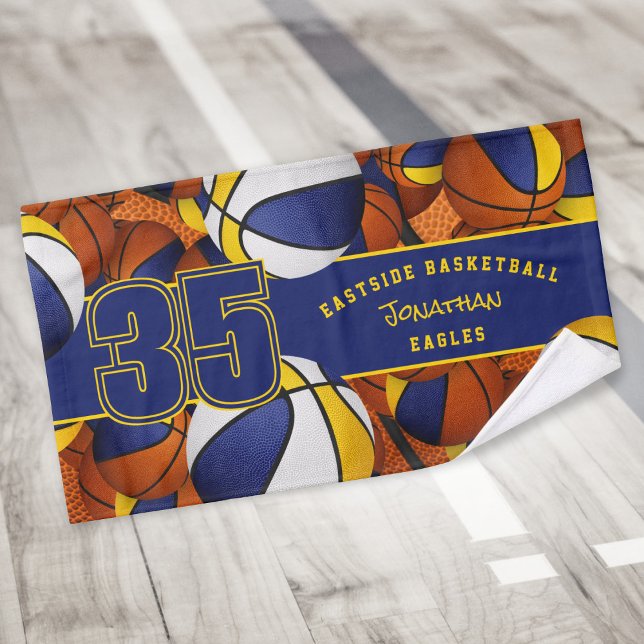 Lots of basketballs custom athlete name blue gold hand towel (Creator Uploaded)