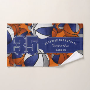 Lots of basketballs custom athlete name blue grey hand towel