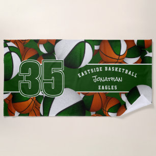 Lots of basketballs custom player name green white beach towel