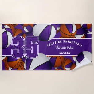 Lots of basketballs custom team name purple white beach towel