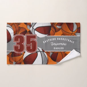 Lots of basketballs maroon grey kids team colours hand towel