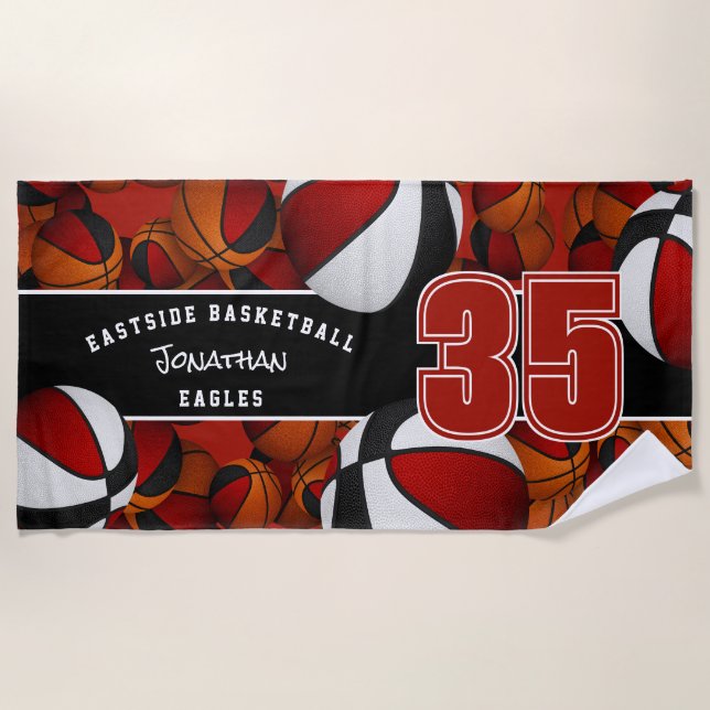 Lots of basketballs team spirit gifts red black beach towel (Front)